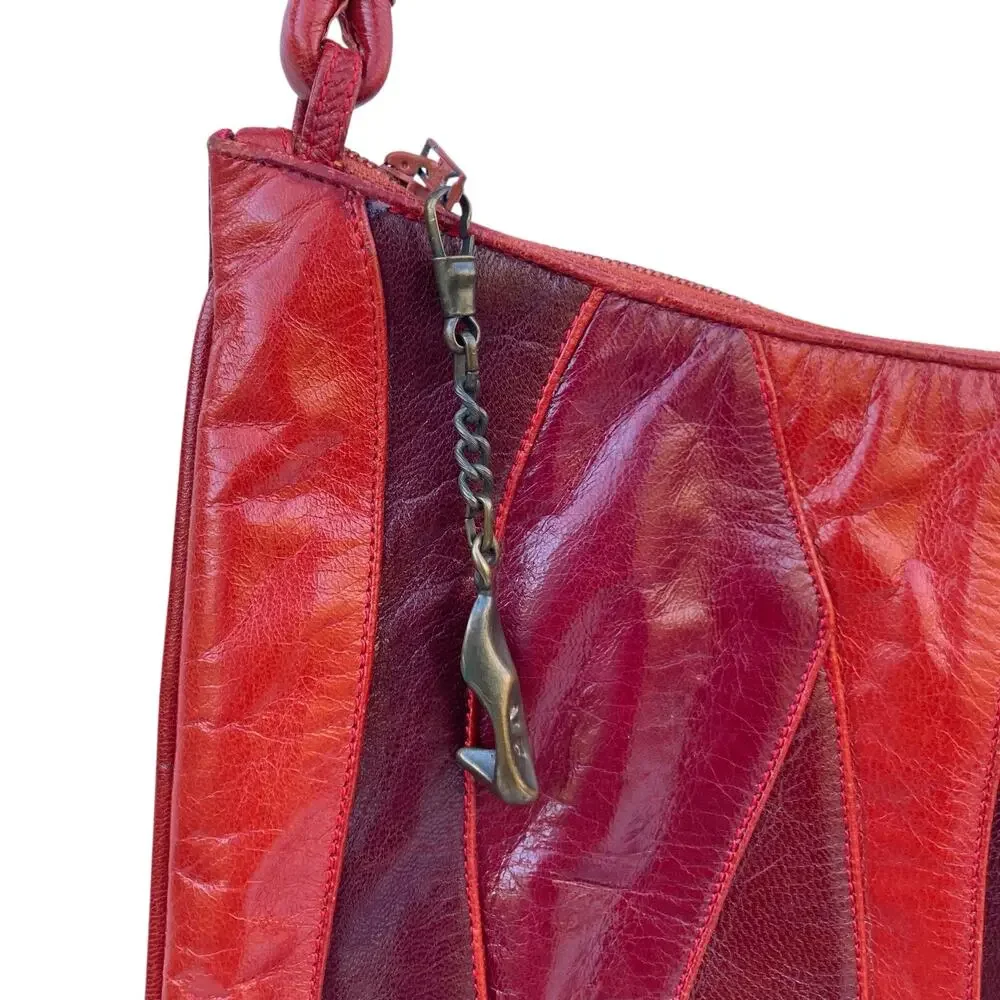 Vintage 1980s Maud Frizon Eel Skin Patchwork Crossbody Italy Red & Oxblood Purse